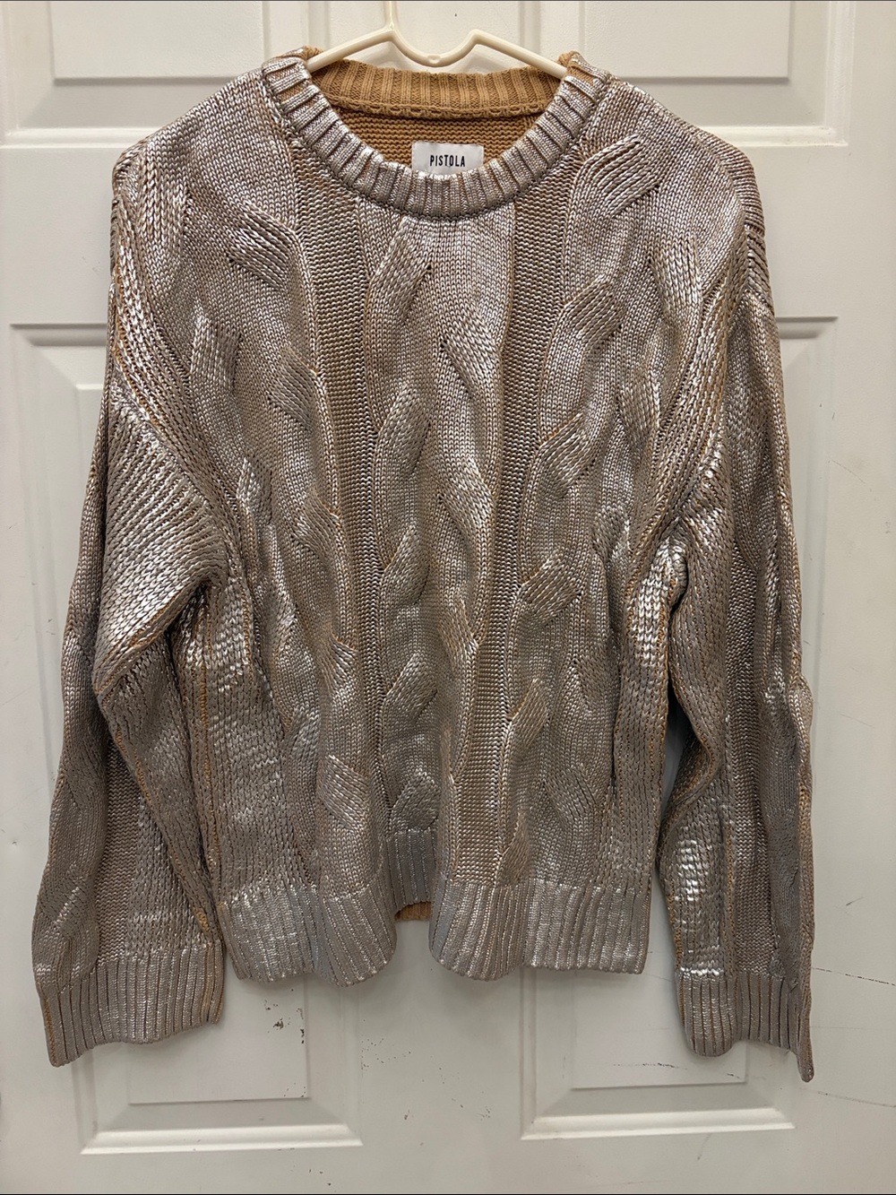 pistola Metallic Taupe Cable Knit Crewneck Sweater
